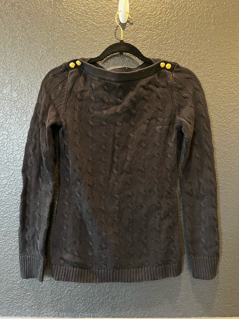 Ralph Lauren Black Off-the-Shoulder Cable-Knit Sweater with Gold Buttons